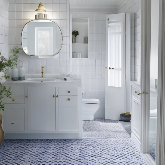 A serene, white-tiled bathroom with a wall-mounted, slide-out cabinet behind a mirrored door, and a pedestal sink with a hidden storage compartment beneath its curved basin.