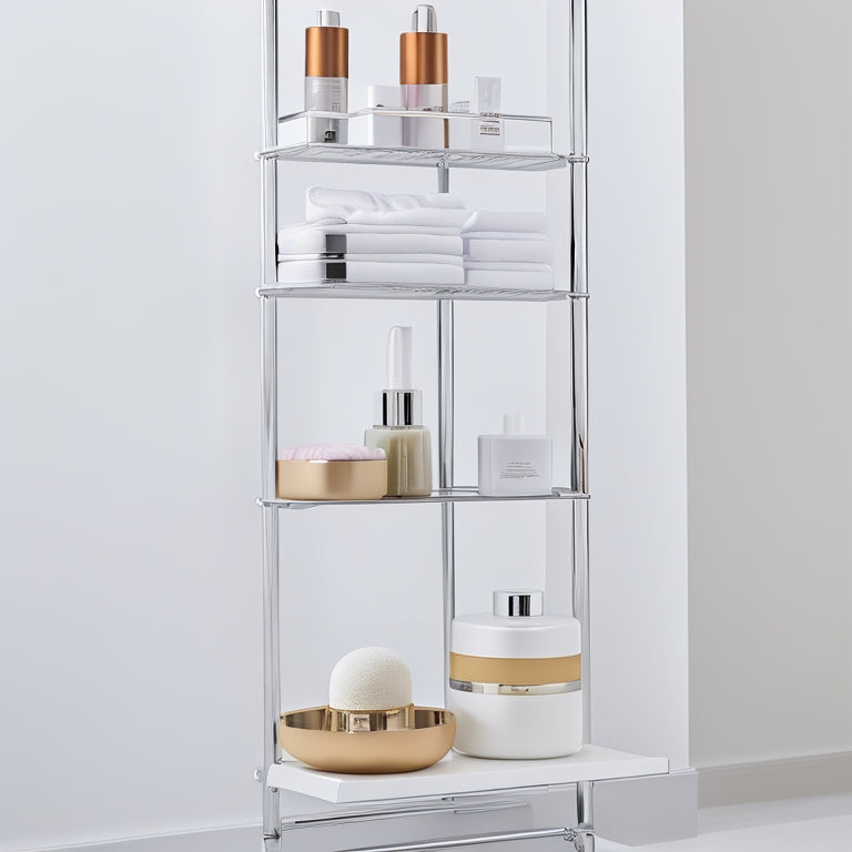 A modern, sleek ladder shelving unit with 5 horizontal rungs in a polished chrome finish, holding various toiletries and beauty products, against a soft, creamy white background.