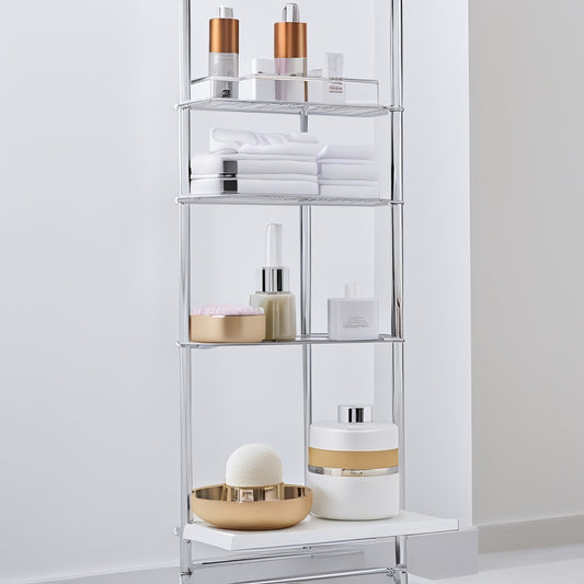 A modern, sleek ladder shelving unit with 5 horizontal rungs in a polished chrome finish, holding various toiletries and beauty products, against a soft, creamy white background.