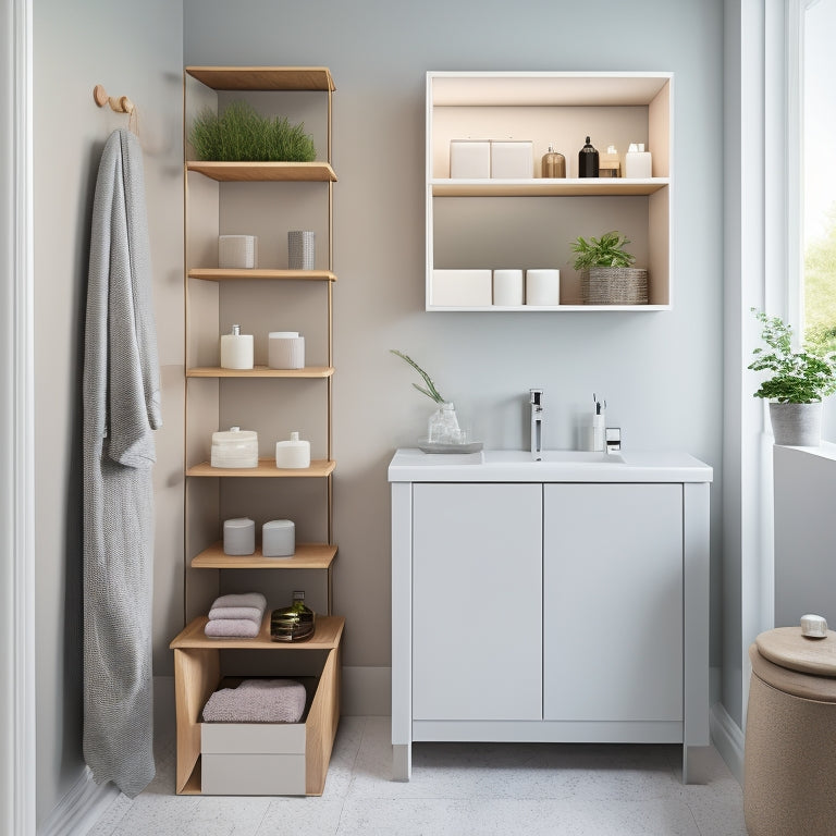 A minimalist, modern bathroom with a compact cabinet beneath a sink, featuring retractable storage bins, a tiered shelf, and a magnetic board for small items, surrounded by a calm, neutral color scheme.