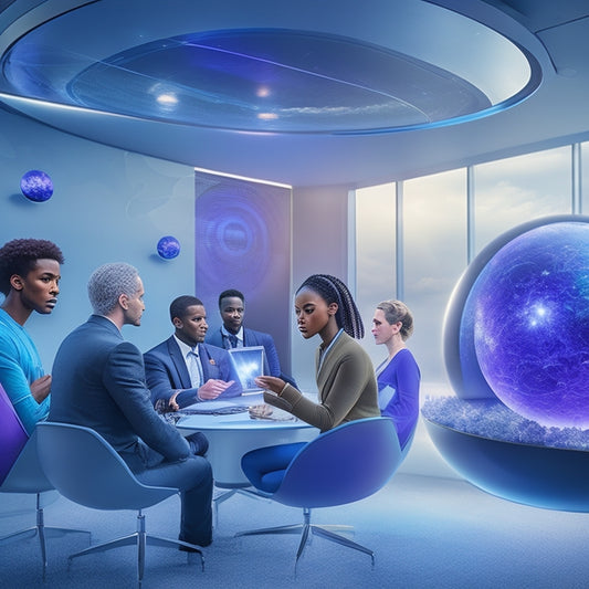A futuristic, spherical virtual classroom filled with diverse avatars, surrounded by swirling clouds of data and glowing orbs, with a subtle gradient of blues and purples evoking innovation and technology.