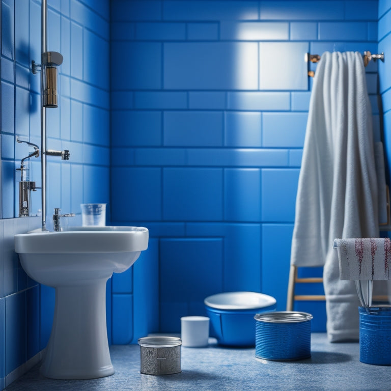 A partially painted bathroom wall with a few water droplets rolling off, surrounded by open paint cans, brushes, and a blueprint in the foreground, with a subtle tile pattern in the background.