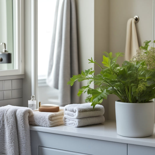 A serene bathroom scene with a spacious countertop featuring a decorative soap dispenser, a small potted plant, and a neatly arranged set of towels, surrounded by a calming gray and white color scheme.