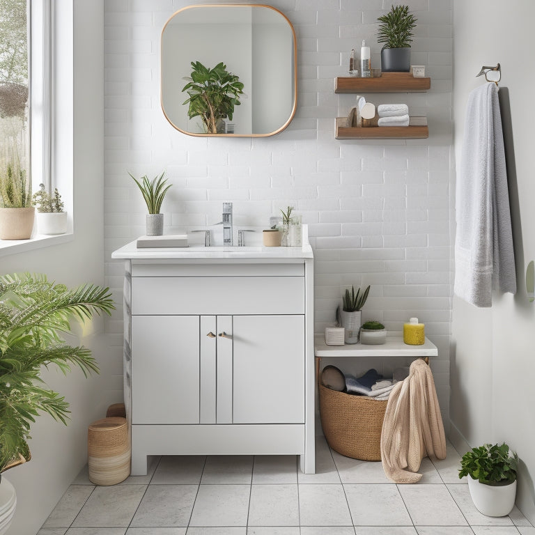 A tidy, modern small bathroom with a compact countertop featuring a wall-mounted faucet, a pedestal sink with a small drawer underneath, and a tiered storage unit with baskets and a small potted plant.