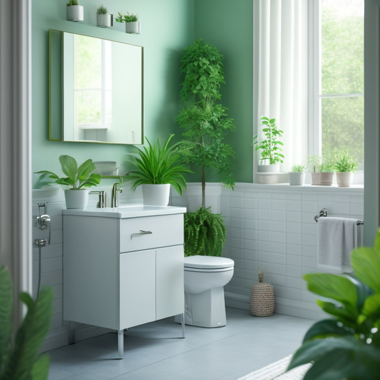 A spotless bathroom with gleaming white sink, toilet, and shower, adorned with lush green plants, against a calming light blue background, with a subtle hint of steam rising from the mirror.