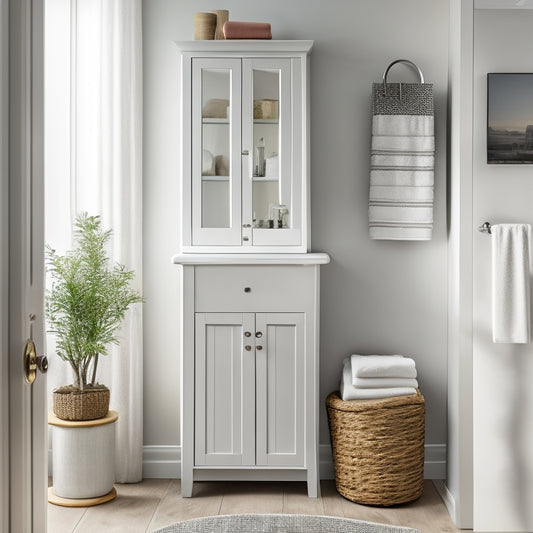 A tidy bathroom corner with a pedestal sink, a wall-mounted shelf holding a woven basket, and a tall, slender storage cabinet with a mirrored door, surrounded by calming white and gray tones.