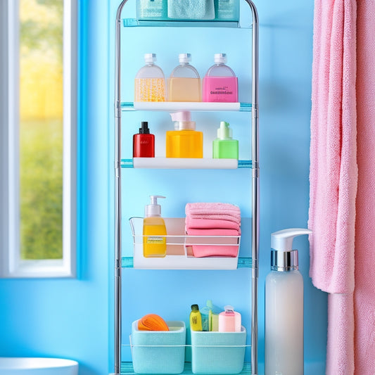 A clutter-free shower with a sleek, modern shower caddy holding a variety of colorful toiletries, surrounded by calming water droplets and soft, warm lighting, evoking a sense of serenity.