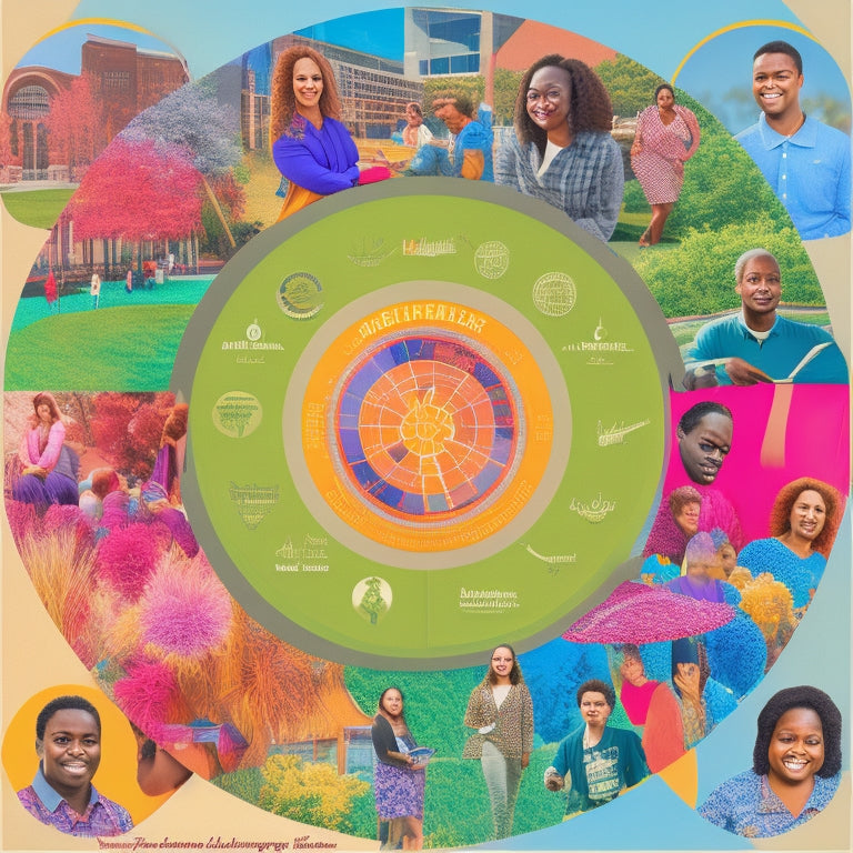 A vibrant illustration featuring interconnected circles of diverse students, faculty, and staff, surrounded by icons of support services, cultural centers, and campus resources, set against a warm, sunny background.