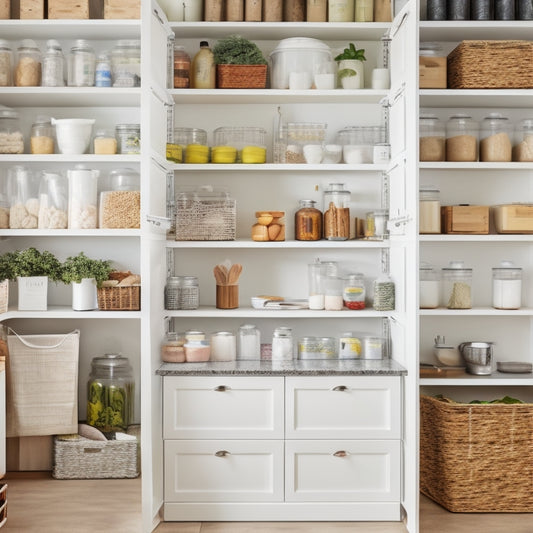 A bright, white pantry with neatly arranged jars and containers, adorned with colorful labels and bins, surrounded by utensils and kitchen gadgets, with a few fresh herbs on a nearby shelf.