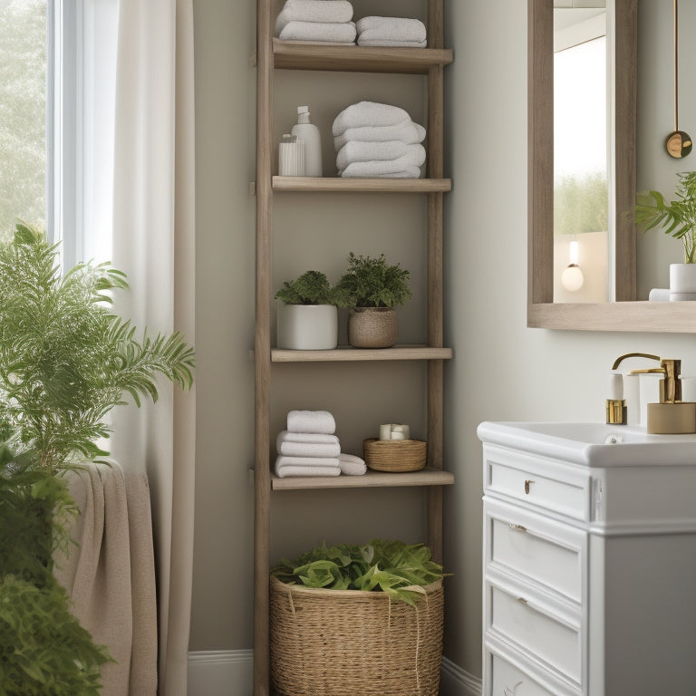 A stylish bathroom corner unit with open shelves, neatly arranged towels and decorative jars, surrounded by soft, natural lighting, featuring elegant plants and a serene color palette, enhancing the sense of organized tranquility.