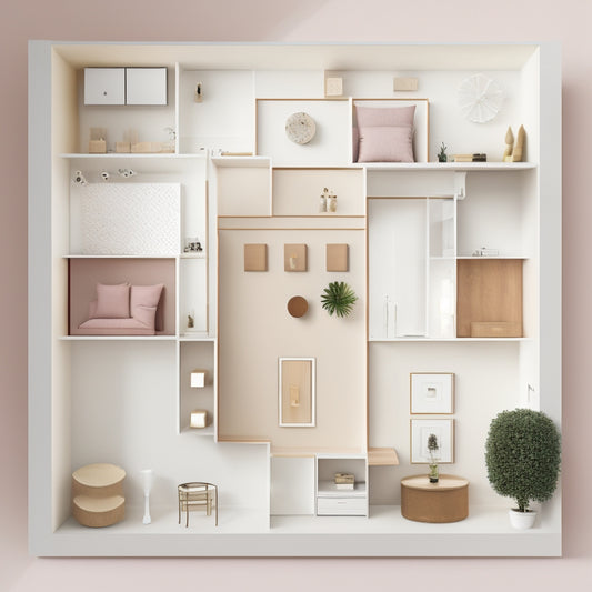 A minimalist illustration featuring a stylized floor plan with interchangeable room templates, surrounded by a palette of 10 distinct colors and 5 varying textures, set against a soft, creamy background.