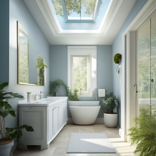 A serene bathroom scene with soft, creamy walls, warm beige floors, and a pale blue ceiling, illuminated by a large skylight above, surrounded by lush greenery.