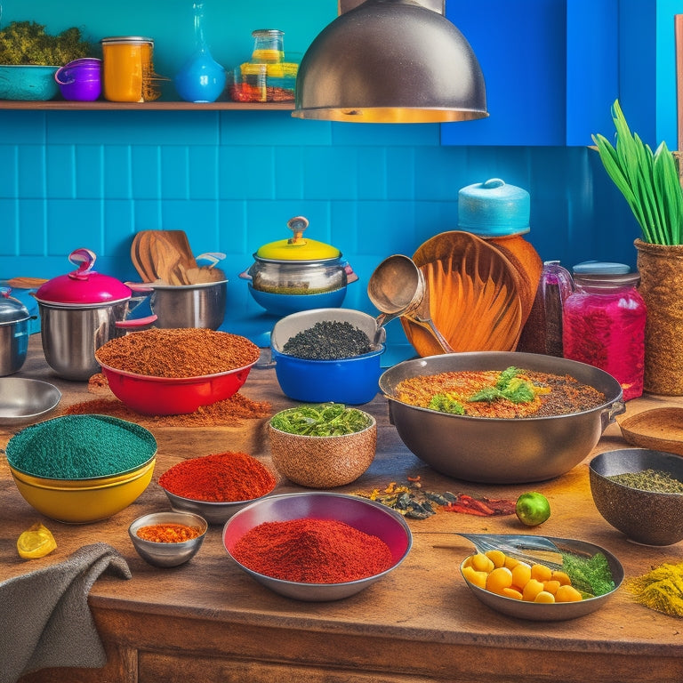 A vibrant kitchen scene with a young chef, surrounded by mixing bowls, utensils, and ingredients, standing in front of a stovetop with a sizzling pan, amidst a backdrop of colorful spices and cookbooks.