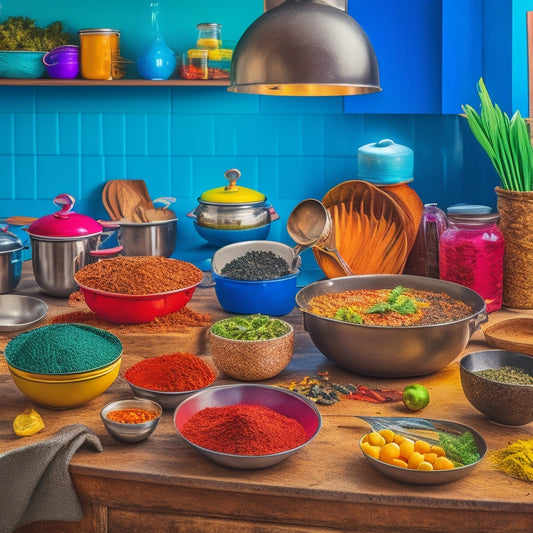 A vibrant kitchen scene with a young chef, surrounded by mixing bowls, utensils, and ingredients, standing in front of a stovetop with a sizzling pan, amidst a backdrop of colorful spices and cookbooks.