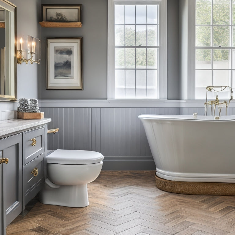 A bathroom with a mix of high-end and budget-friendly elements: a freestanding tub, a tile accent wall, and a pedestal sink, amidst a backdrop of soft gray walls and warm wood flooring.