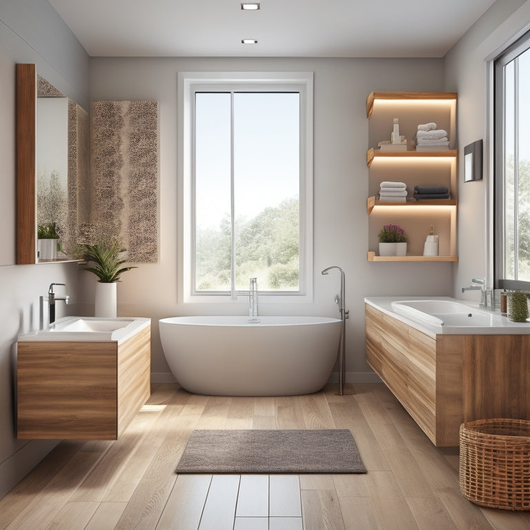 Generate an image of a sleek, modern bathroom with three to five light wood shelves, varying in length and thickness, mounted above a freestanding tub, surrounded by neutral-toned walls and floors.