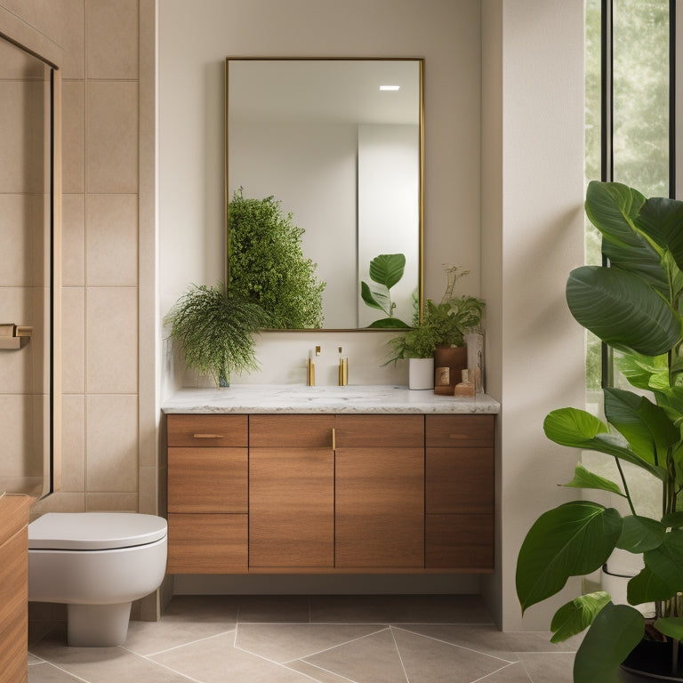 A modern bathroom featuring sleek, minimalist drawer systems in warm wood tones, elegant marble countertops, soft ambient lighting, and lush green plants, creating a serene and stylish atmosphere.