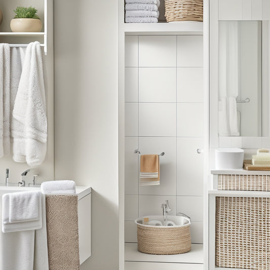 A serene, white bathroom with a wall-mounted, minimalist cabinet, a sleek, chrome towel rack, and a few, strategically-placed, woven baskets, surrounded by ample negative space.