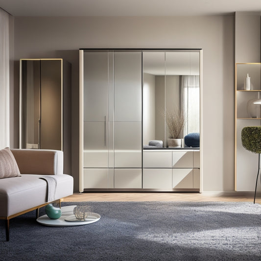 A minimalist, modern room with a floor-to-ceiling mirror wall storage unit, featuring sleek cabinets with reflective doors, surrounded by a plush area rug and a few tastefully arranged decorative pieces.