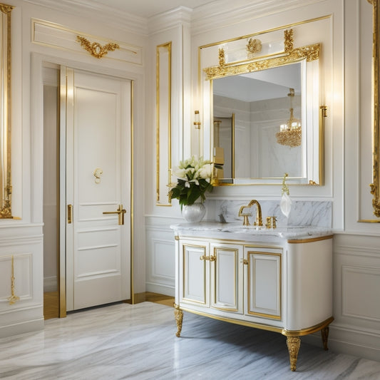 A luxurious bathroom with a large, wall-mounted cabinet featuring ornate gold hardware, soft-close doors, and a mirrored front, surrounded by creamy white marble and sleek, modern fixtures.