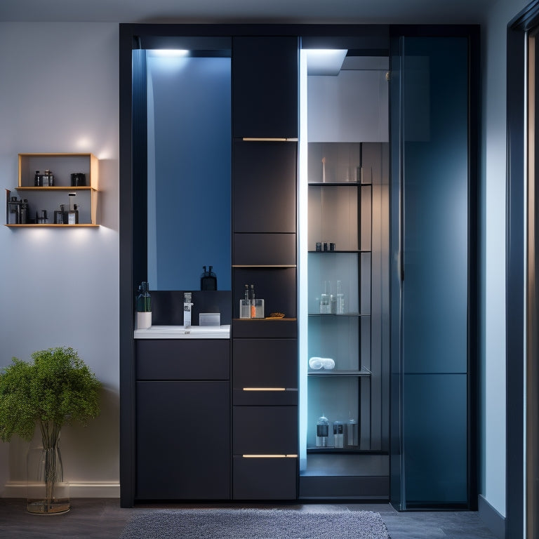A sleek, modern industrial-style bathroom cabinet with a polished metal frame, glass doors, and built-in LED lighting strips illuminating the interior, set against a dark gray or black background.