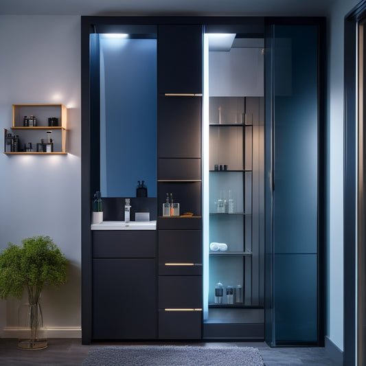 A sleek, modern industrial-style bathroom cabinet with a polished metal frame, glass doors, and built-in LED lighting strips illuminating the interior, set against a dark gray or black background.