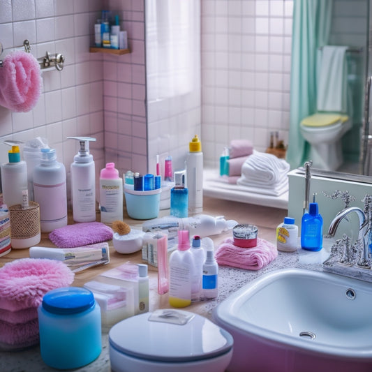 A cluttered bathroom with toiletries and beauty products overflowing from a small countertop, surrounded by a messy shower curtain, tangled hair accessories, and a few forgotten dirty towels on the floor.