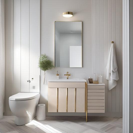 Image prompt: A minimalist, modern bathroom with seven different corner wall vanity designs, each showcasing a unique style, material, and shape, set against a clean white background with soft, natural lighting.