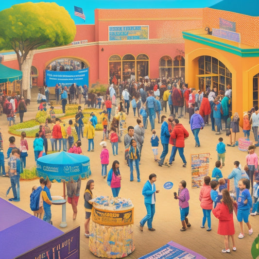 A vibrant illustration of a bustling school courtyard, with students gathered around mini course booths, a college fair banner above, and a giant calendar in the background with colorful stickers marking upcoming events.