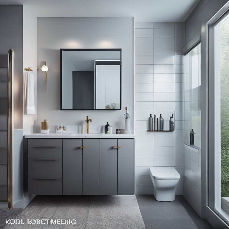A sleek, modern bathroom with a large, wall-mounted Kohler medicine cabinet featuring a mirrored door, soft-close hinges, and ambient LED lighting, surrounded by minimalist decor and a freestanding tub.