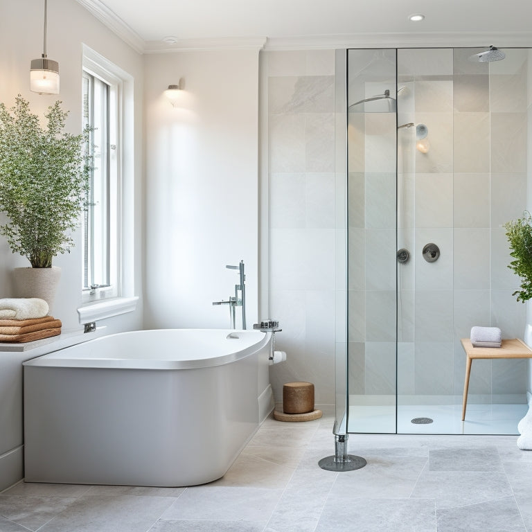 A serene, modern bathroom with a freestanding tub, surrounded by soft, warm lighting, and a large, walk-in shower with a rainfall showerhead, set against a calming, grey and white marble background.