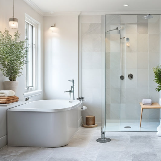 A serene, modern bathroom with a freestanding tub, surrounded by soft, warm lighting, and a large, walk-in shower with a rainfall showerhead, set against a calming, grey and white marble background.
