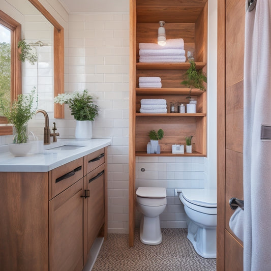 A serene, clutter-free tiny house bathroom with a compact sink, toilet, and shower, featuring 10 clever storage solutions, including baskets, shelves, and hidden compartments, in a calming, natural color palette.