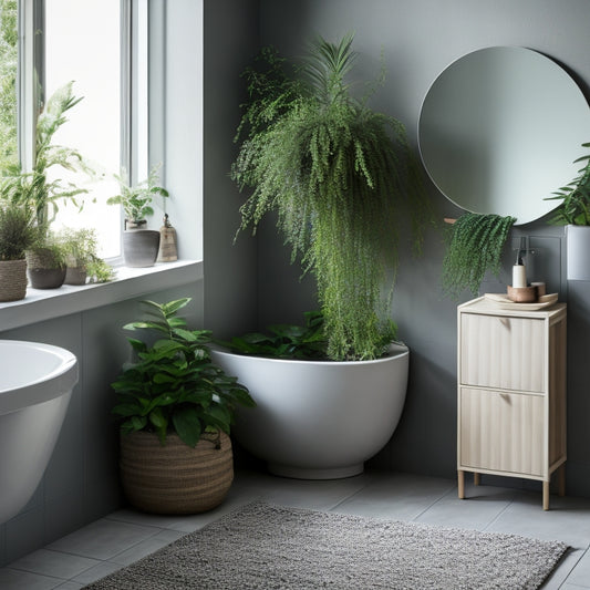 A serene bathroom with a wall-mounted sink, a minimalist mirror, and a freestanding tub surrounded by a few carefully placed potted plants and a woven storage basket on a sleek, grey floor.