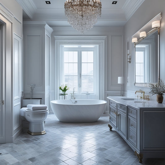 A sleek, modern bathroom with a freestanding tub, surrounded by marble floors, and walls adorned with a mix of white and gray hexagonal tiles, under a stunning crystal chandelier.