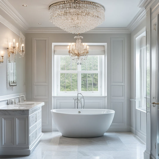 A serene, modern bathroom featuring a freestanding tub with polished chrome fixtures, surrounded by marble flooring, and illuminated by a stunning crystal chandelier suspended above.