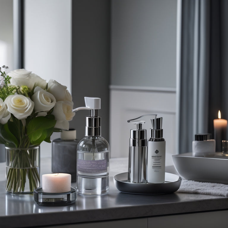 A sleek, modern bathroom countertop with a neatly arranged assortment of luxurious toiletries, including a silver razor, scented candles, and a glass vase holding a few fresh flowers.