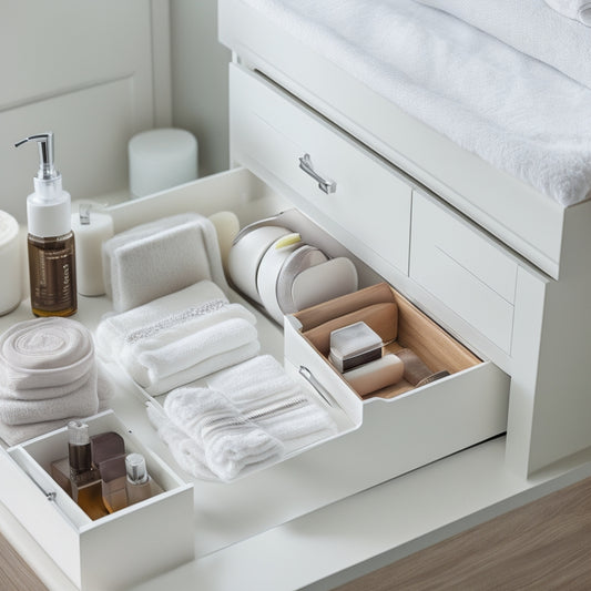 A sleek, modern bathroom drawer with adjustable dividers and inserts, showcasing organized toiletries, beauty products, and linens in a harmonious arrangement of whites, creams, and natural wood tones.