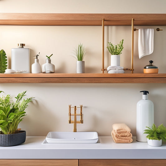 A modern bathroom with a sleek, white sink and faucet, featuring three different over-the-sink shelves in distinct styles: a minimalist glass shelf, a rustic wooden shelf, and a compact metal shelf with baskets.