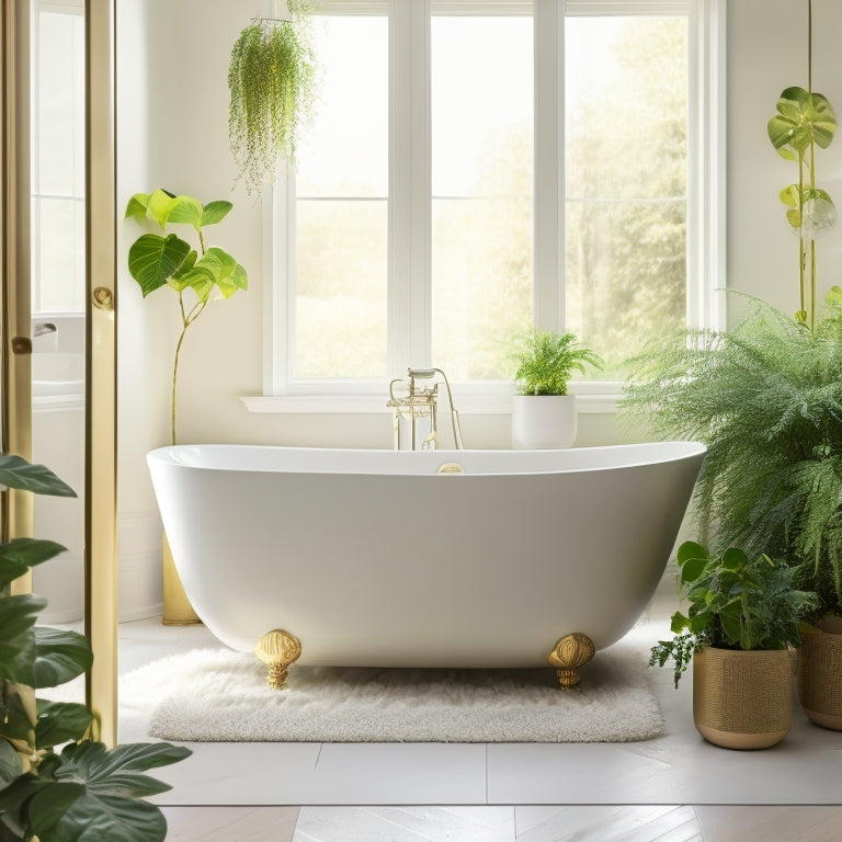 A serene bathroom scene with soft, creamy white walls, warm golden lighting, and lush greenery cascading from a floor-to-ceiling planter, surrounded by sleek, minimalist fixtures and a freestanding tub.