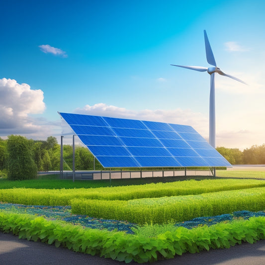 An illustration of a Walmart store surrounded by lush greenery, solar panels on the roof, a wind turbine in the background, and a recycling symbol made from leaves and vines.