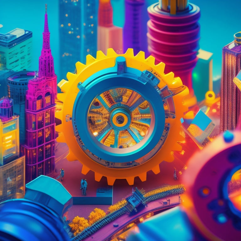 A vibrant, stylized illustration of interconnected gears, puzzle pieces, and lightbulbs, surrounded by subtle hints of a cityscape, blending technology and community, in a bright, energetic color palette.