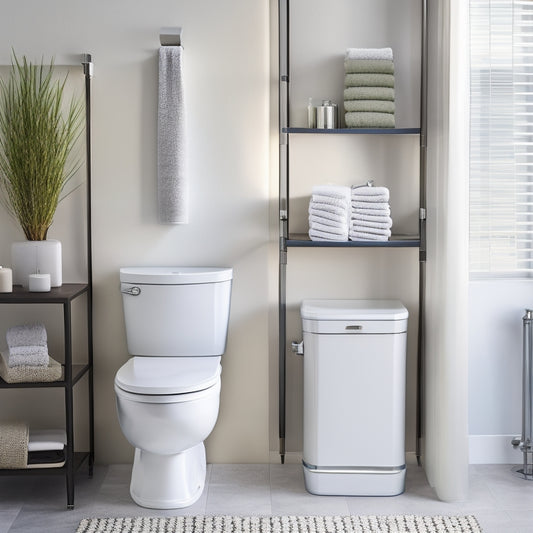 A modern, sleek bathroom with a wall-mounted toilet shelf unit featuring three tiers of polished chrome bars, holding toilet paper, towels, and decorative bathroom accessories.
