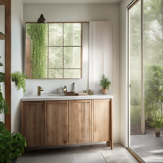 A serene, minimalist bathroom with a wall-mounted, reclaimed wood cabinet featuring sliding doors made from recycled glass, surrounded by lush greenery and soft, natural light.