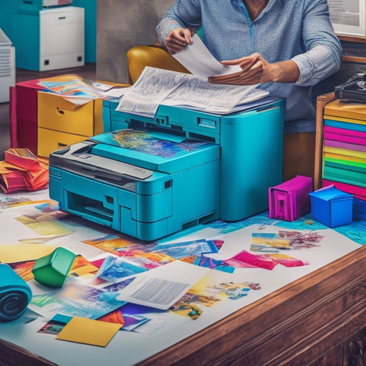 A colorful illustration of a person effortlessly finding a printer cartridge amidst a chaotic pile of papers, surrounded by a subtle background of office supplies and a faint hint of a printer in the distance.