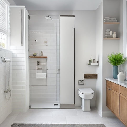 A serene, well-lit handicap bathroom with a wall-mounted, fold-down seat, a curbless shower with a linear drain, and a sleek, wall-hung cabinet with grab bars and adjustable shelving.