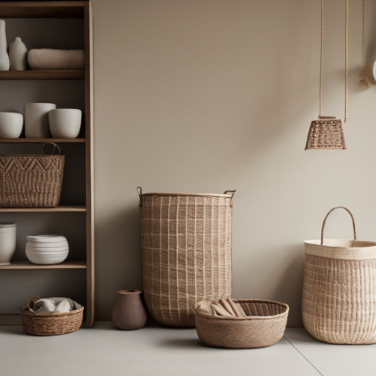 A serene, minimalist room with a few, carefully placed storage bins, woven baskets, and a few decorative objects, surrounded by negative space, in a calming, monochromatic color scheme.