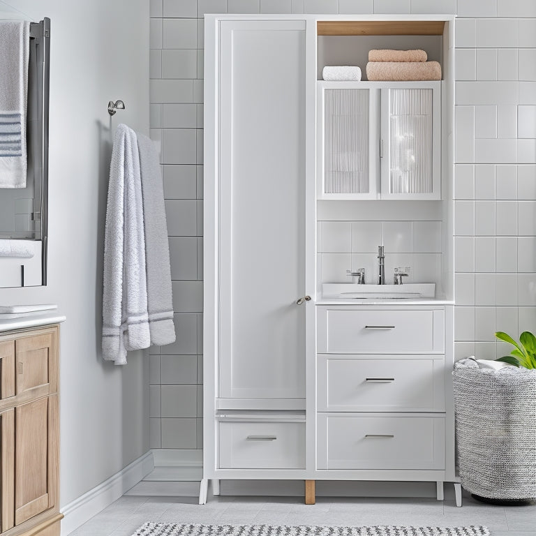 A serene, modern bathroom with a wall-mounted cabinet featuring glass doors, a woven basket storage unit beneath the sink, and a chrome towel rack with rolled towels, against a calming white and gray background.