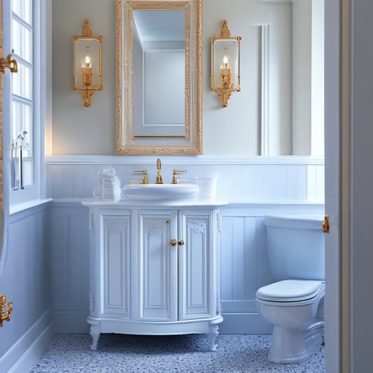 A pedestal sink surrounded by a sleek, white storage cabinet with a rounded edge, adorned with ornate hardware, against a soft gray bathroom wall with a large, frosted glass window.
