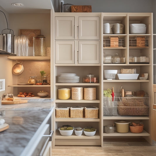 A tidy, modern kitchen cabinet with sliding drawers, adjustable shelves, and basket inserts, showcasing a perfectly organized interior with cookware, utensils, and spices, illuminated by soft, warm lighting.